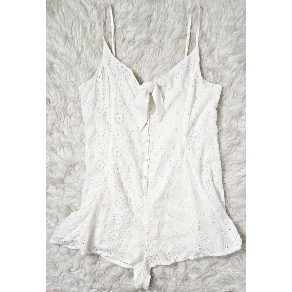 Urban Outfitters Romper White Eyelet Bow Button Floral